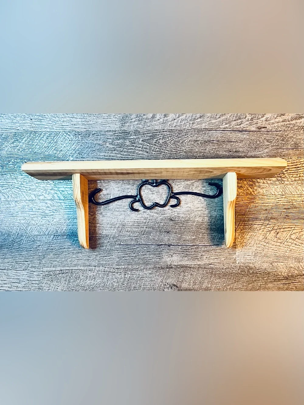 Rustic Wood Wall Shelf Apple Metal Hooks Farmhouse Country Decor